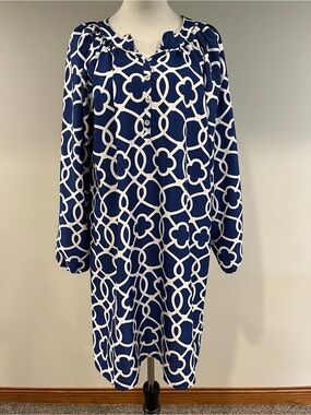 Navy & White Geometric print lightweight long sleeves plus size loose fit dress